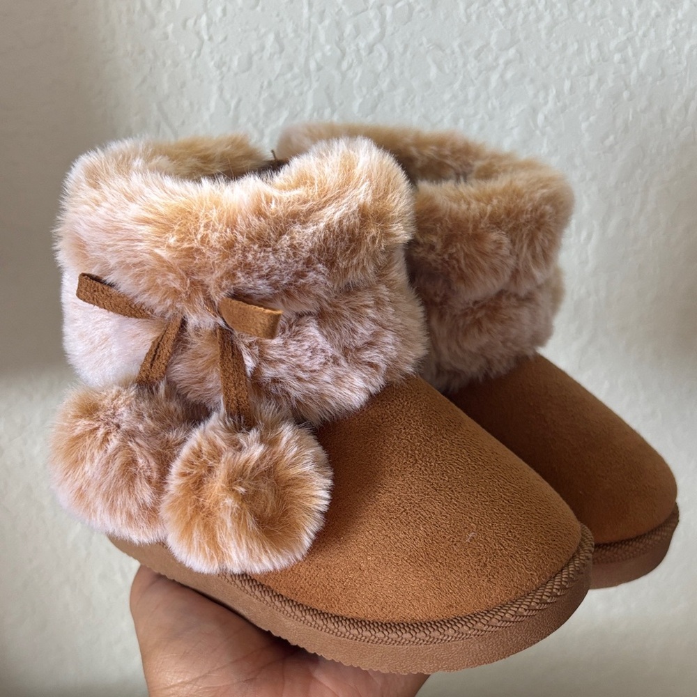 Tan Faux Fur Baby Booties with Pom-Poms